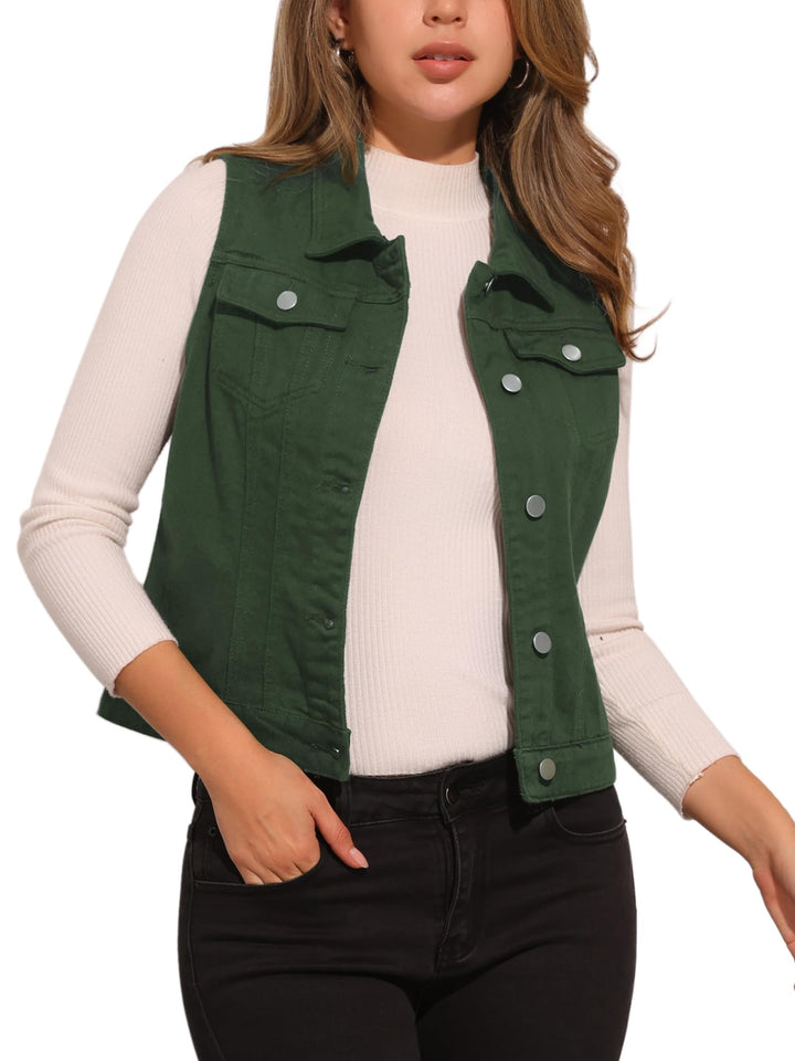 Allegra K Damen Jeansweste Ärmellos Knopfleiste Denim Rever Jacke Westen mit Taschen S Dunkelgrün, S