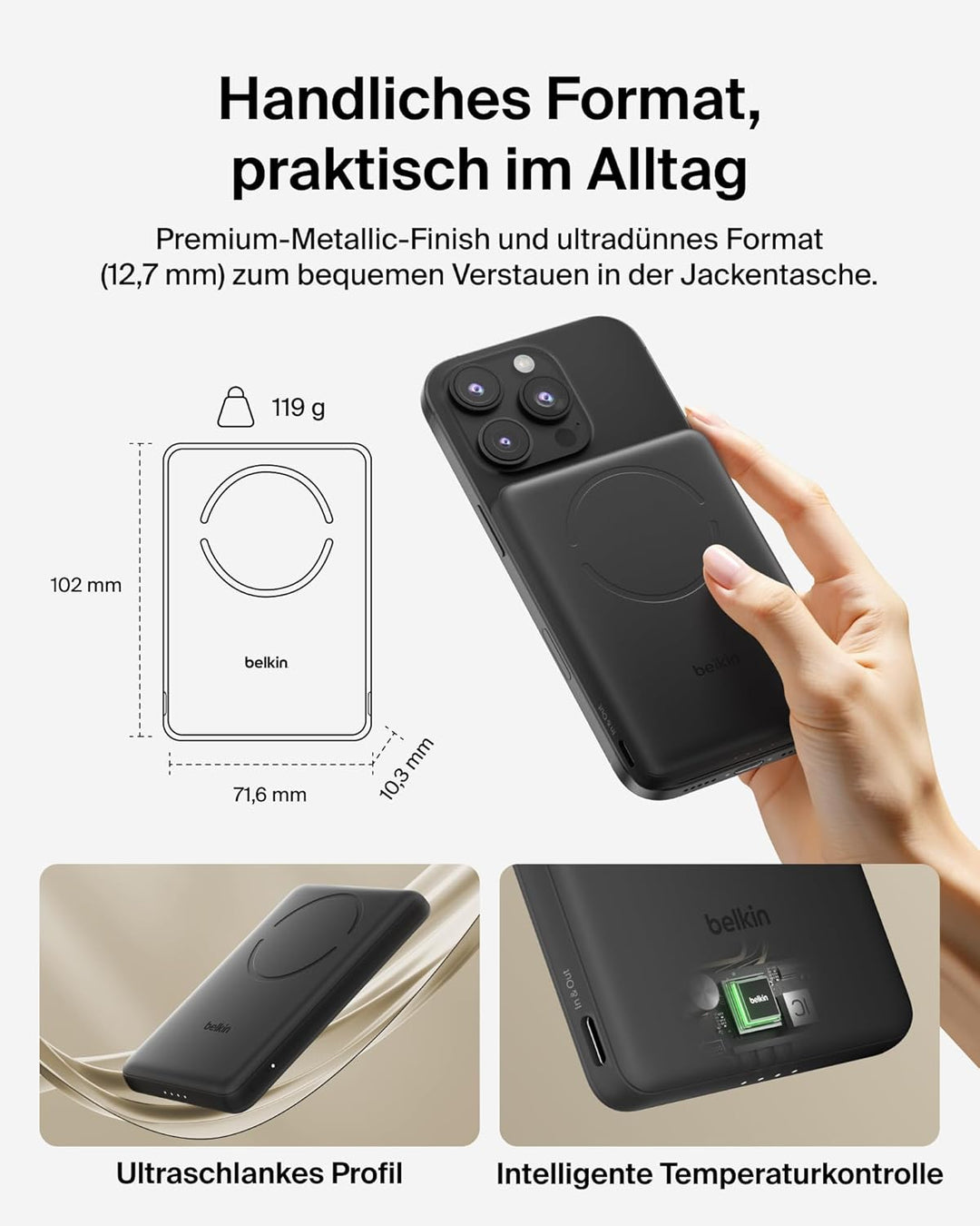 Belkin BoostCharge Magnetische Powerbank 5000mAh, 7.5W, Dünne Qi2 Power Bank mit Magnetring und USB