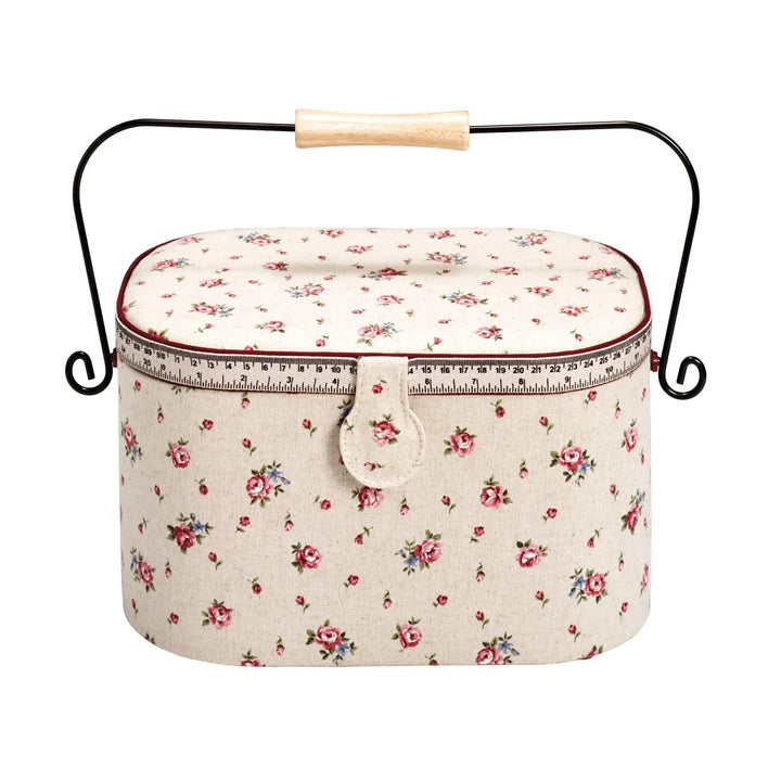 Prym Nähkorb Country Rose mit Griff, Leinen/Metall/Holz, elfenbeinfarben, L, 30 x 20,5 x 19 cm