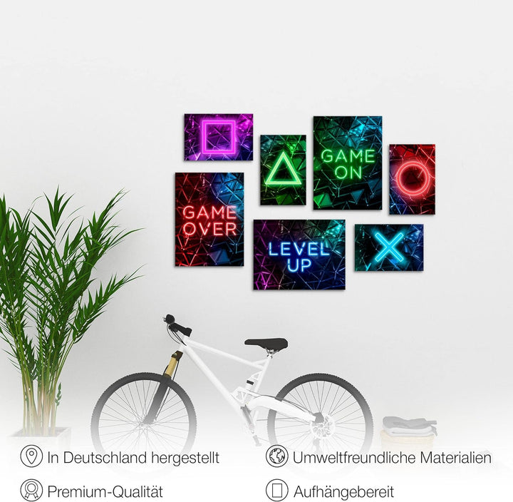 Wandbilder Spielkonsole Gamer - KOMPLETT AUFHÄNGFERTIG - Bunt Kinderzimmer Junge Teenager- 7 Moderne
