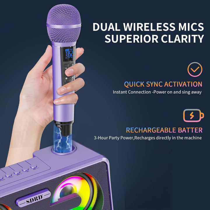 Karaoke Machine for Adults and Kids with 2 UHF Wireless Microphones, Portable Bluetooth Singing Spea