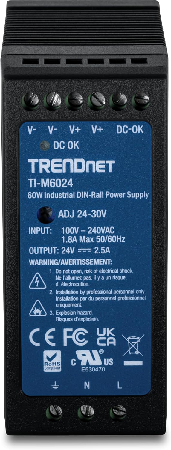 TRENDnet TI-M6024 60 W industrielles DIN-Rail-Netzteil mit Einfachausgang, Universeller AC-Eingang,