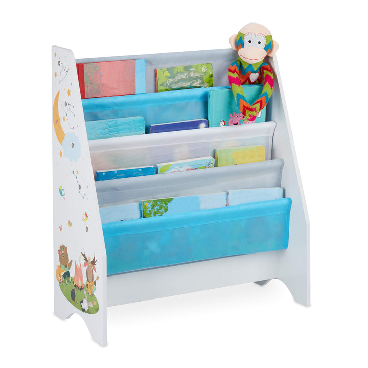 Relaxdays Kinder Bücherregal, 4 Hängefacher, Lagerfeuer Kindermotiv, Bücheraufbewahrung, HBT: 71x62x