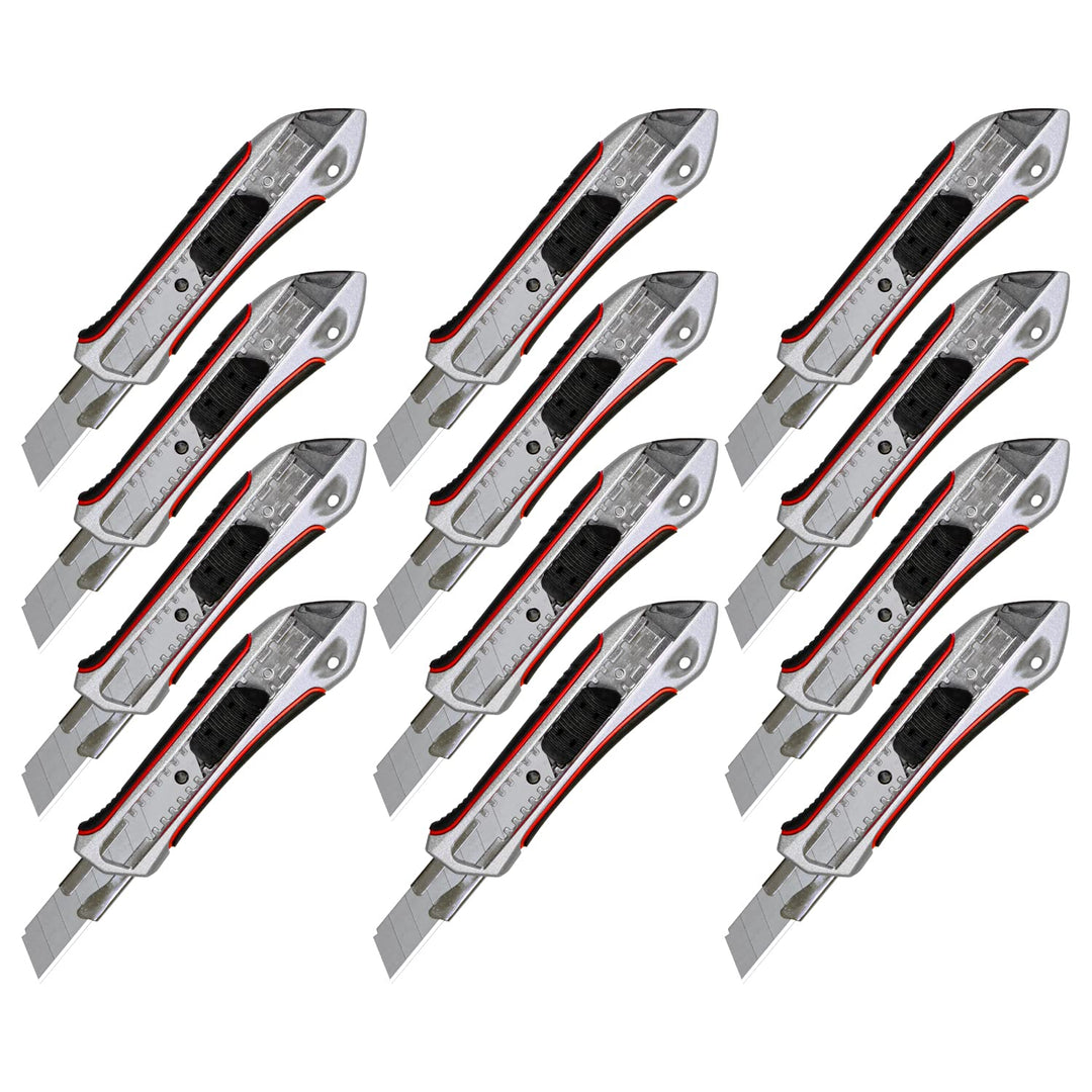Pemium Cuttermesser 18 mm Teppichmesser 12 Stück Alu Druckguss gummierter Griff | Profi Cutter für 1