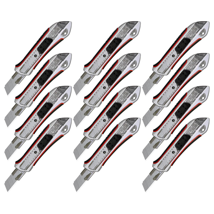 Pemium Cuttermesser 18 mm Teppichmesser 12 Stück Alu Druckguss gummierter Griff | Profi Cutter für 1