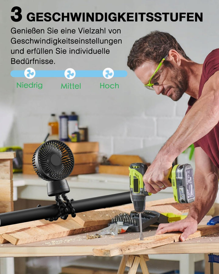 120° Oszillierend Kinderwagen-Ventilatoren, 10000mAh Akku Tischventilator Sehr Leise Laufzeit 40 Std