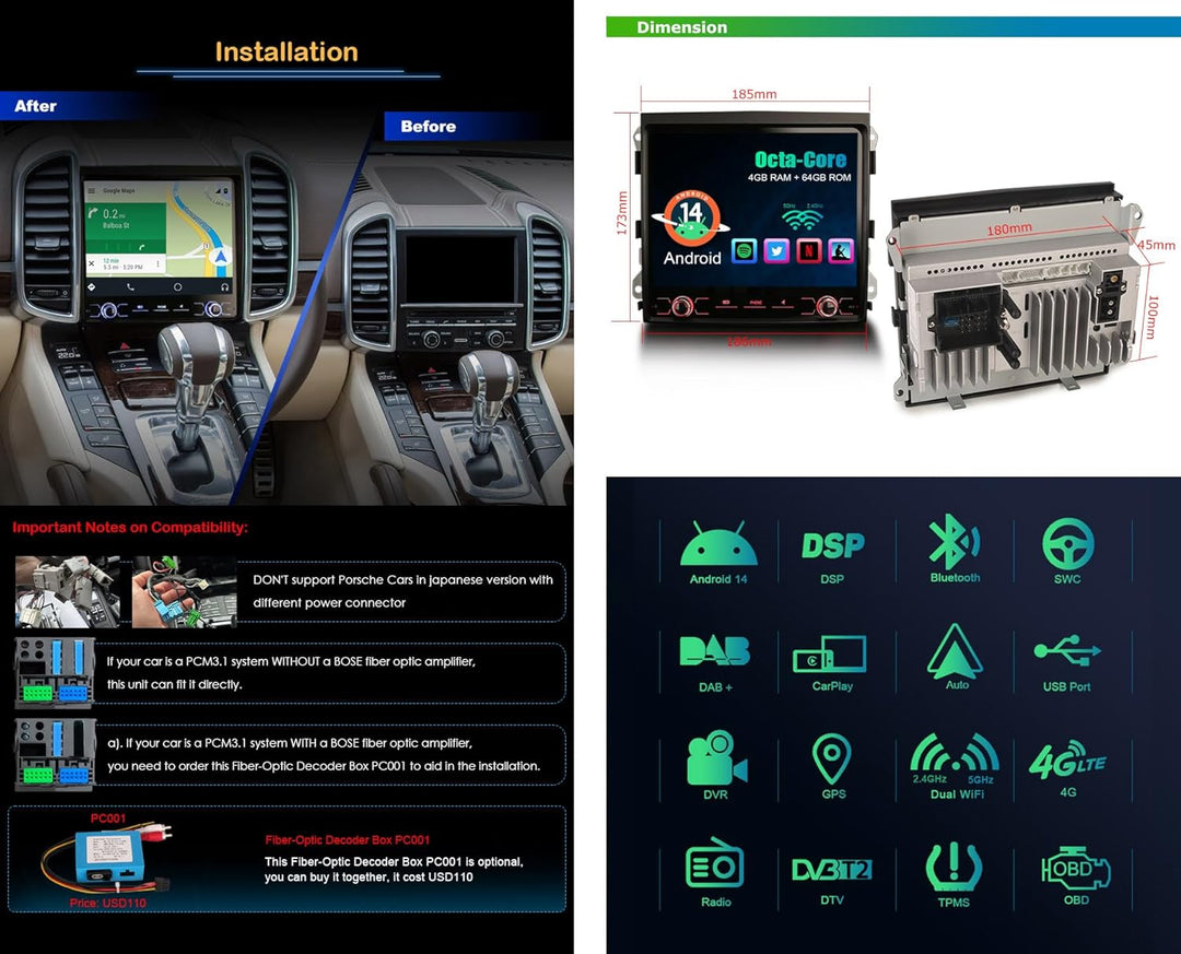 Erisin 8.4 Zoll Android 10.0 8-Kern Autoradio Mit GPS Navi für Porsche Cayenne 2010-2017 Unterstützt