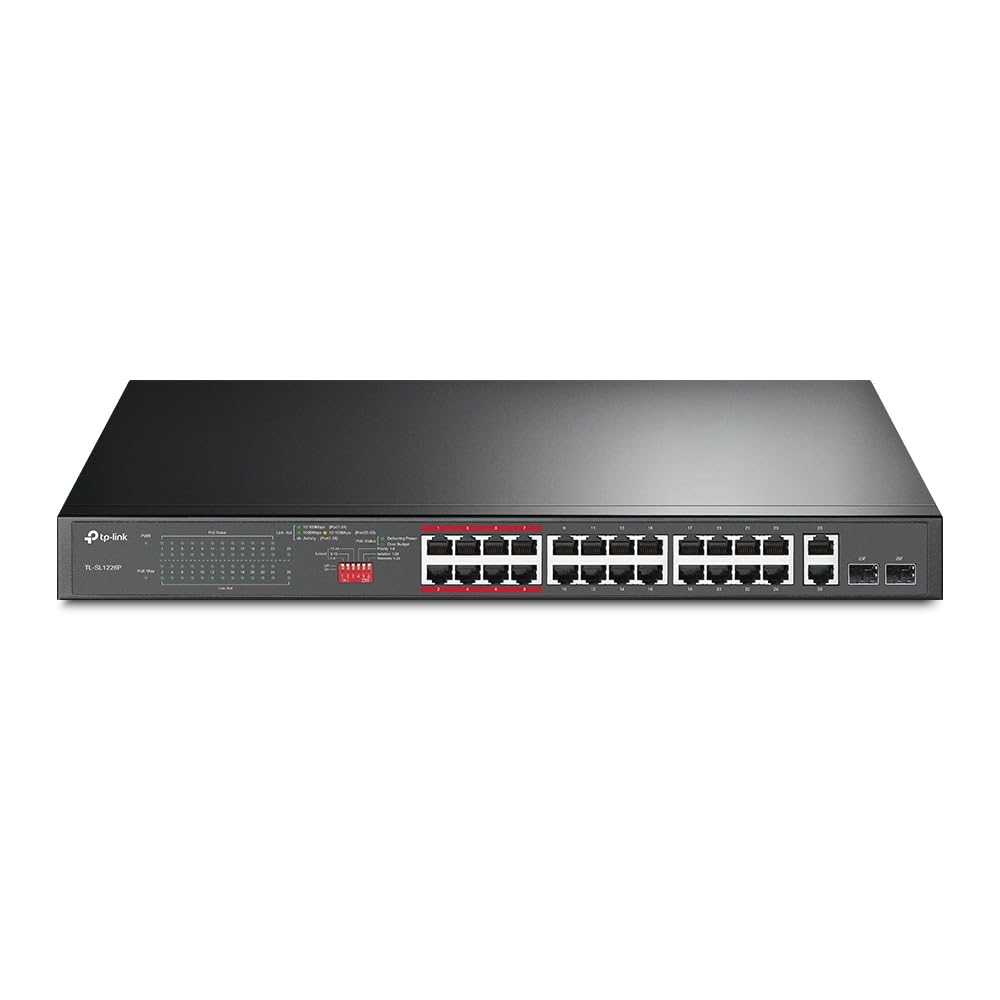 TP-Link TL-SL1226P 24-Port Fast Ethernet Unmanaged PoE+ Switch + 2 Gigabit Port(250 Watt, geschirmte