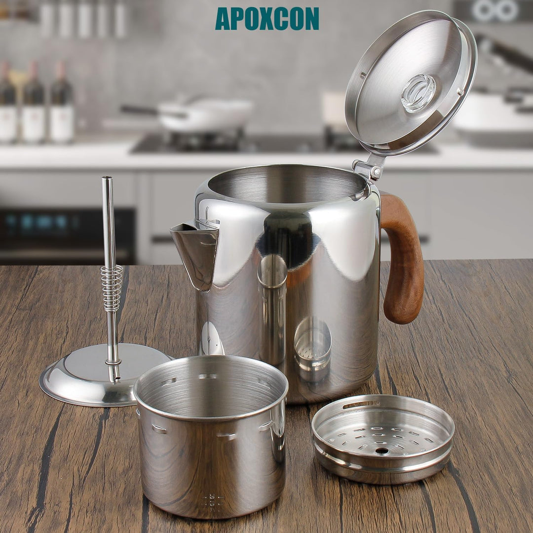 APOXCON Edelstahl-Kaffeekanne aus Edelstahl mit feuerfestem Holzgriff &amp; sichtbarem Brühknauf für all