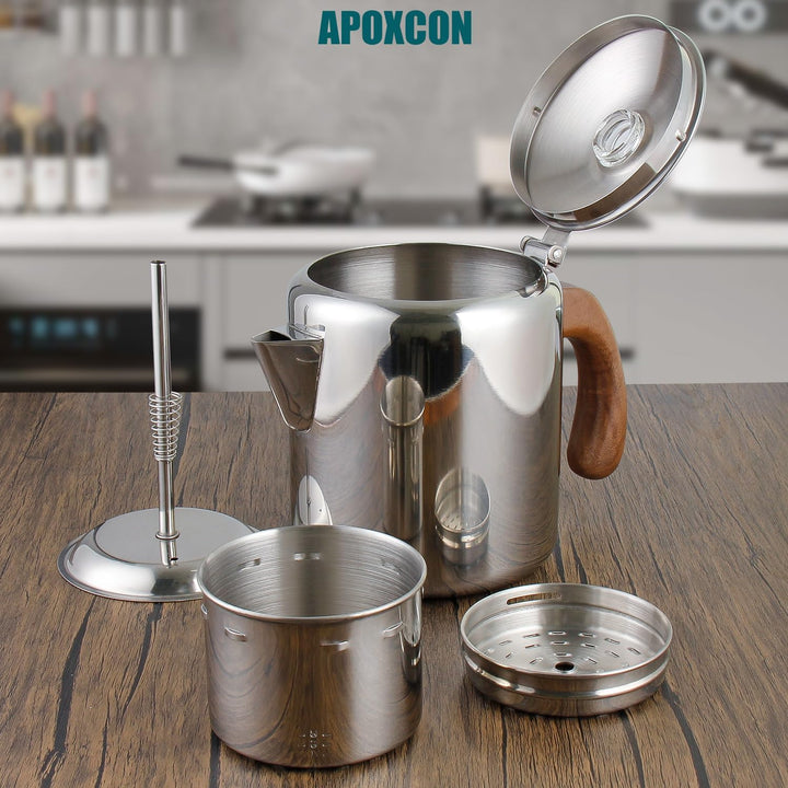 APOXCON Edelstahl-Kaffeekanne aus Edelstahl mit feuerfestem Holzgriff &amp; sichtbarem Brühknauf für all