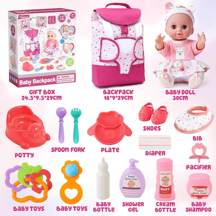 vamei Puppenzubehör Spielzeug Geschenk Mädchen, 36 cm Babypuppe & Rucksack & Puppenkleidung & Töpfch