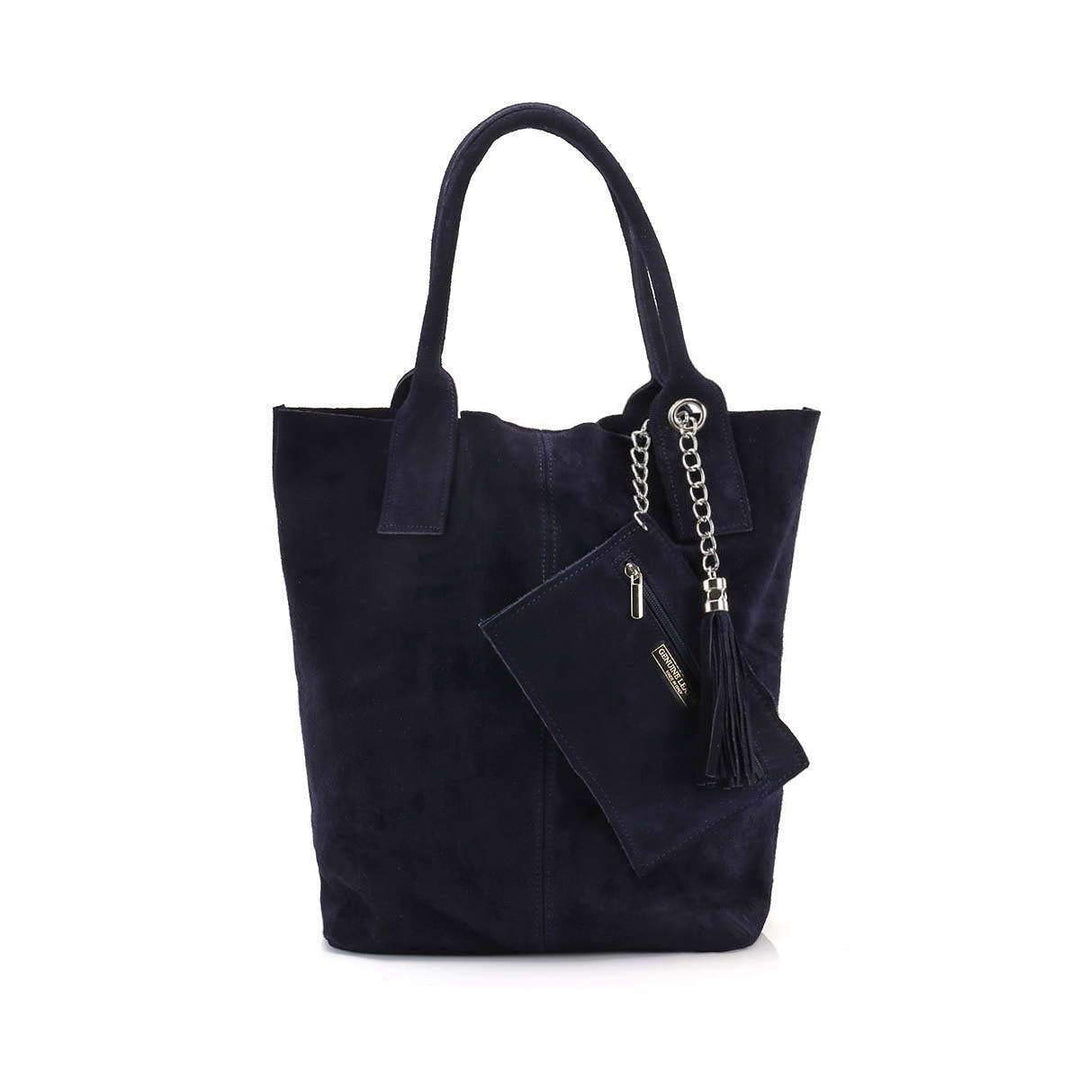 Made IN Italy Damen XXL Leder Tasche Wildleder Shopper Schultertasche + Schmucktasche Blau, Blau