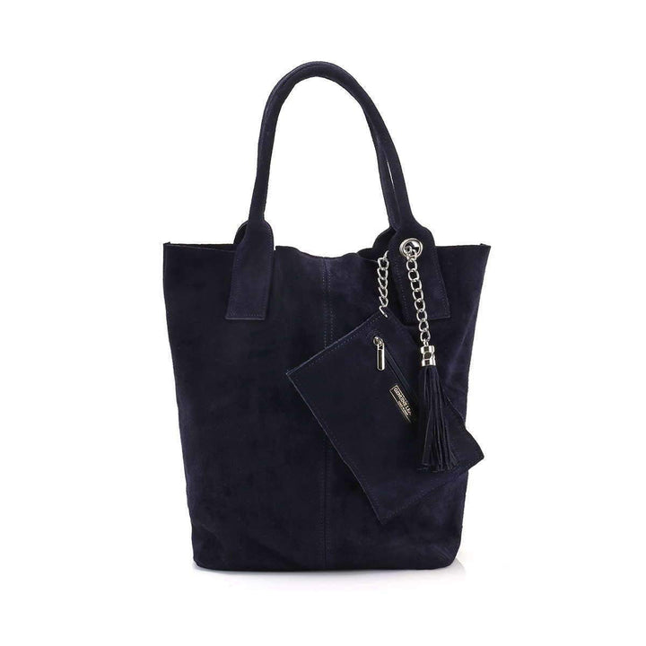 Made IN Italy Damen XXL Leder Tasche Wildleder Shopper Schultertasche + Schmucktasche Blau, Blau