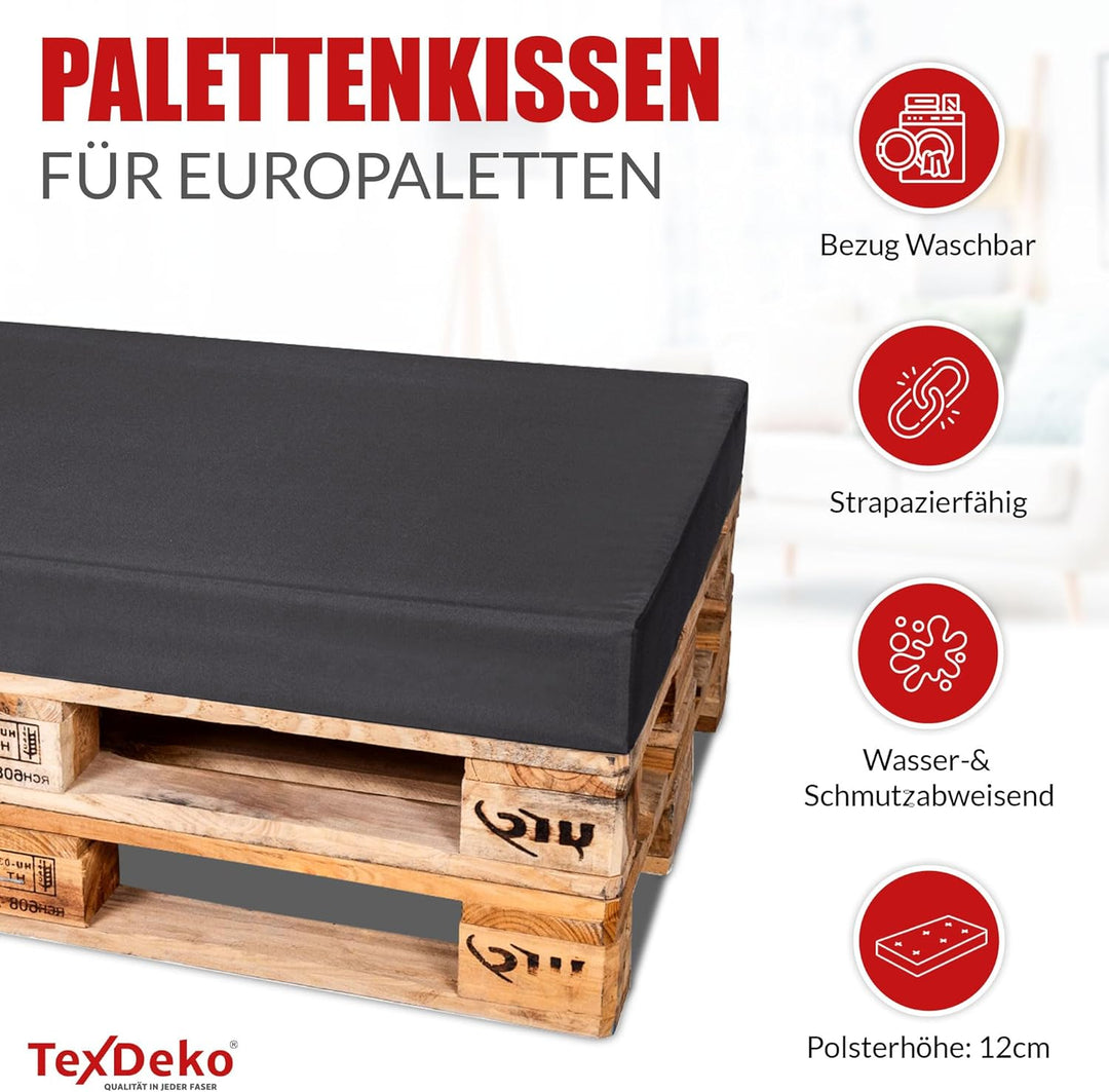 TexDeko® Palettenkissen 120 x 80 x 12cm Wasser-& schmutzabweisend Abnehmbarer Bezug mit Reissverschl