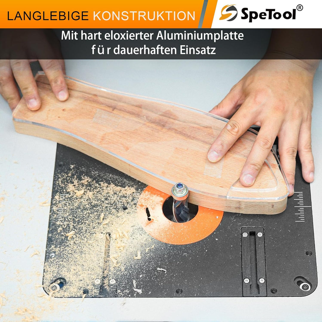 SpeTool Fräslift für Oberfräsen mit 65mm-107mm Durchmesser, oberfräsenlift aus Aluminium mit DIY-Sch