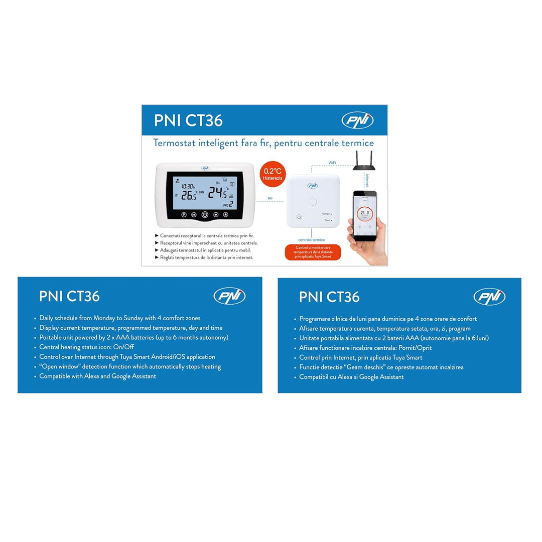Smart Thermostat PNI CT36 drahtlos, mit WiFi, Internetsteuerung, für Wärmekraftwerke, APP TuyaSmart