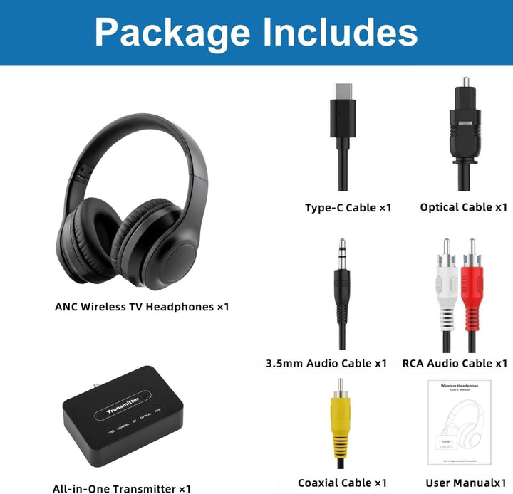 Kabellos ANC TV Kopfhörer für Senioren - Active Noise Cancelling, Faltbare Bluetooth 5.3 Over-Ear TV