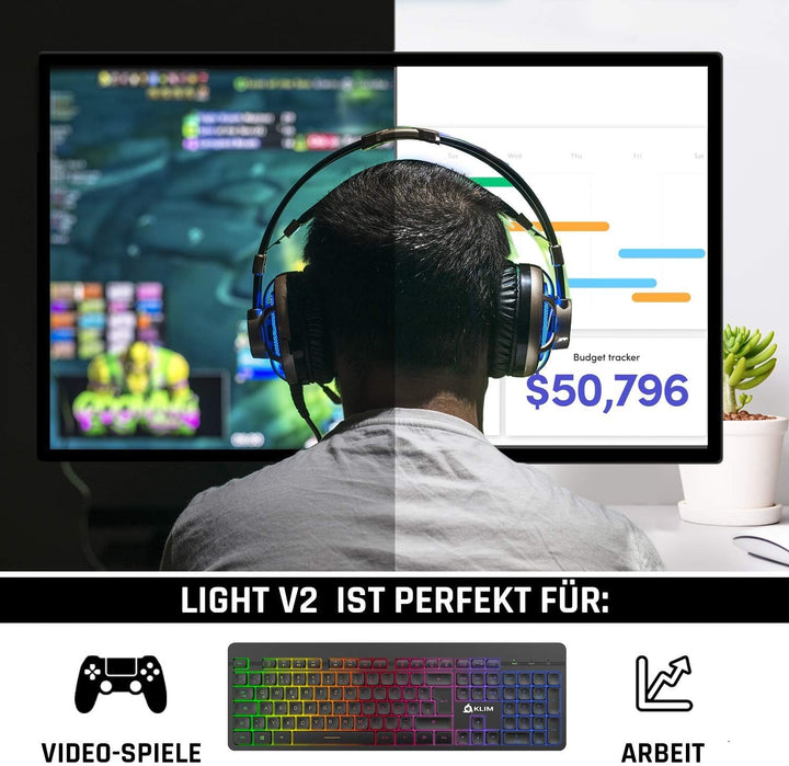 KLIM Light V2 Gaming Tastatur Kabellos QWERTZ + NEU 2023 + flach, ergonomisch, dezent, wasserresiste