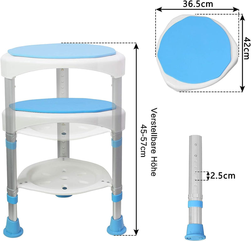 AufuN Duschhocker Duschstuhl 45-57cm Höhenverstellbar und 360° Drehbar Badsitz Blau Duschhilfe Anti-