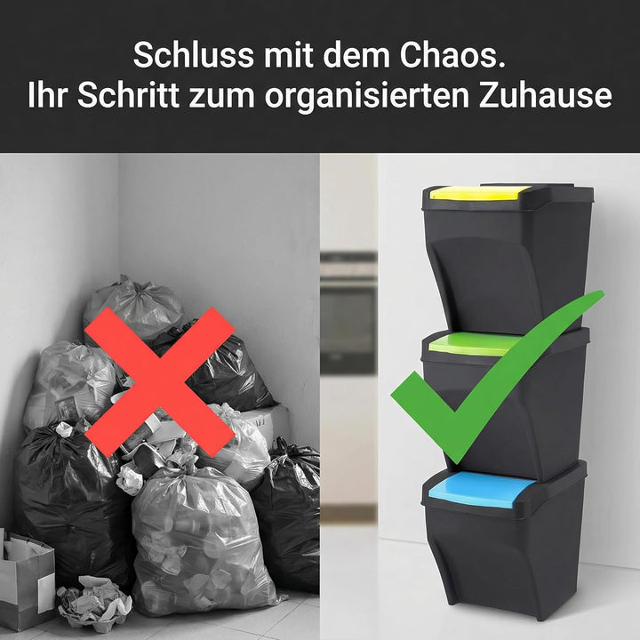 Practic 3 x 25L Mülleimer Küche Stapelbox 3 Fächer - Mülltonnenbox 3er - Abfalleimer Küche mit Decke