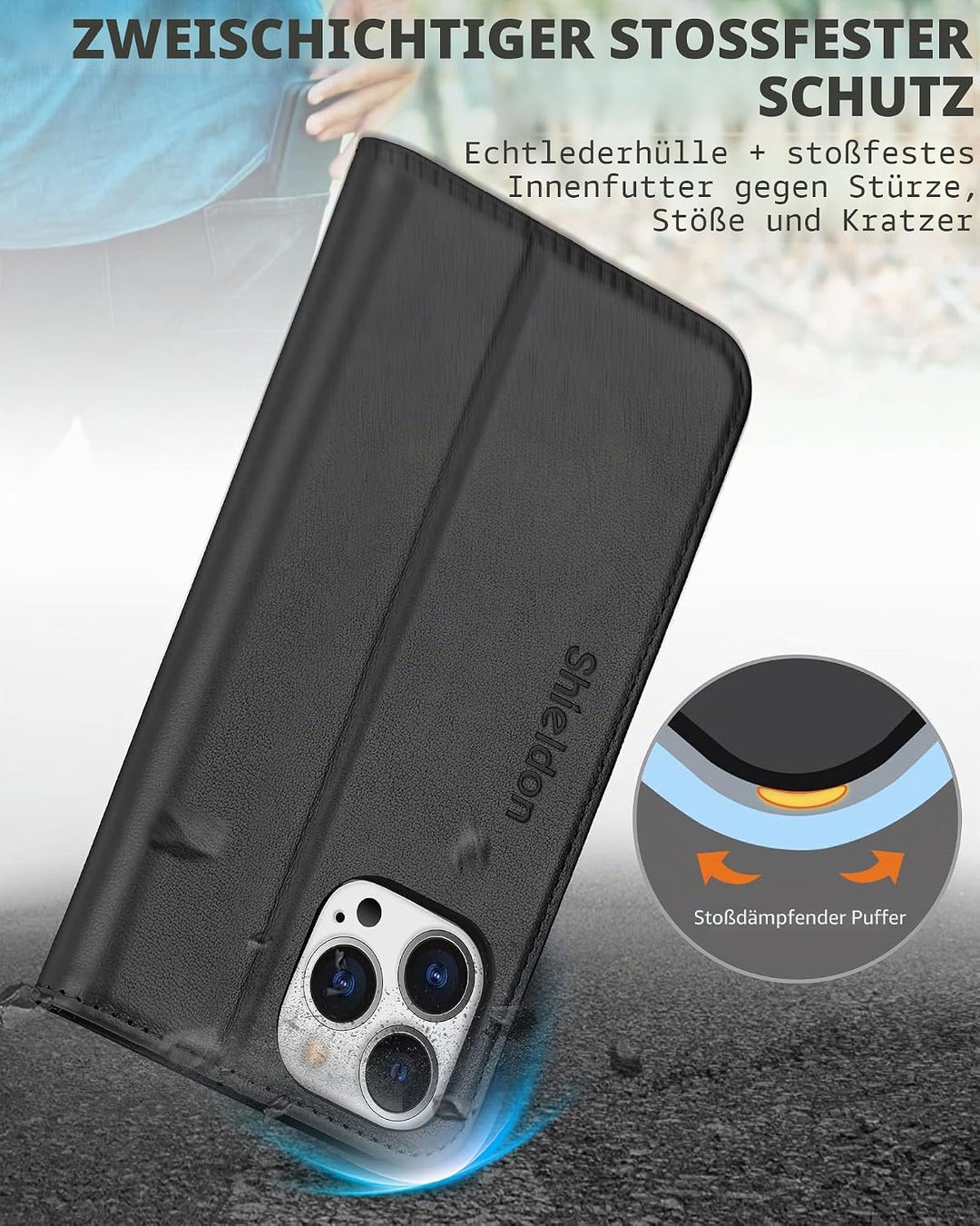 SHIELDON Hülle für iPhone 13 Pro, Handyhülle Schutzhülle [Echtleder] [Kartenfach] [Magnet] [Standfun