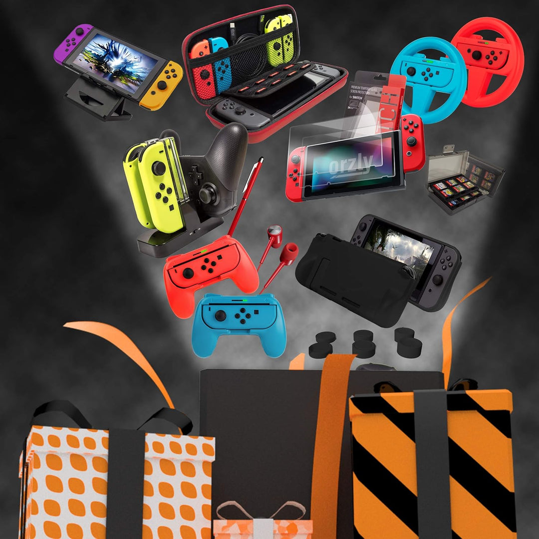 Switch Accessories Bundle - Orzly Geek Pack for Nintendo Switch: Case & Screen Protector, Joycon Gri