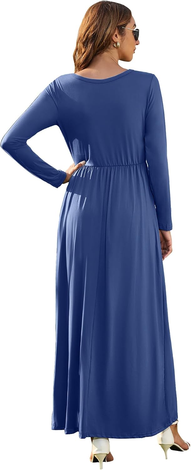 AUSELILY Damen Langarm Maxikleider Lässige Langkleider mit Taschen Winter XS Königsblau, XS Königsbl