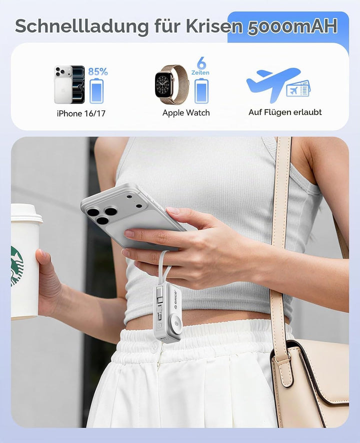 ORICO Mini Powerbank 5000mAh, PD 22,5W Externe Handyakkus mit Klappbarem USB-C Stecker &amp; USB-C Kabel