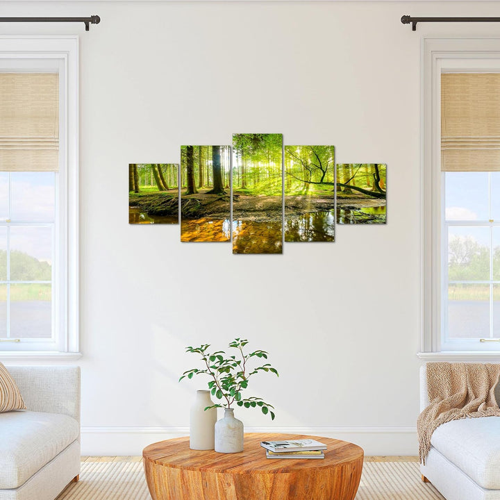 Runa Art Bild Schlafzimmer Wohnzimmer Wald Landschaft 5 Teilig Natur Grün Wandbilder auf Vlies Leinw