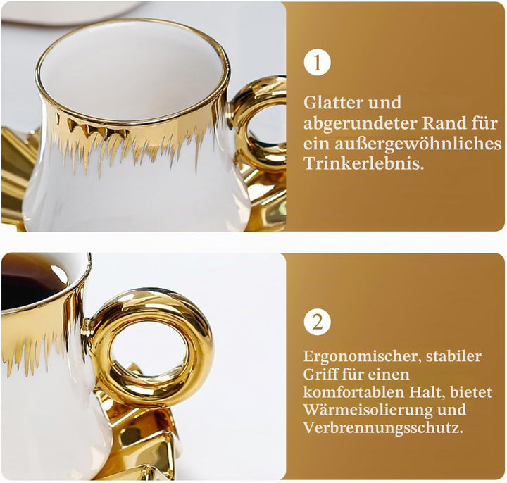 6PCS Teeservice für Porzellan Europäisches, 100 ML Keramik Kaffeeservice mit Kaffeetassen und Untert