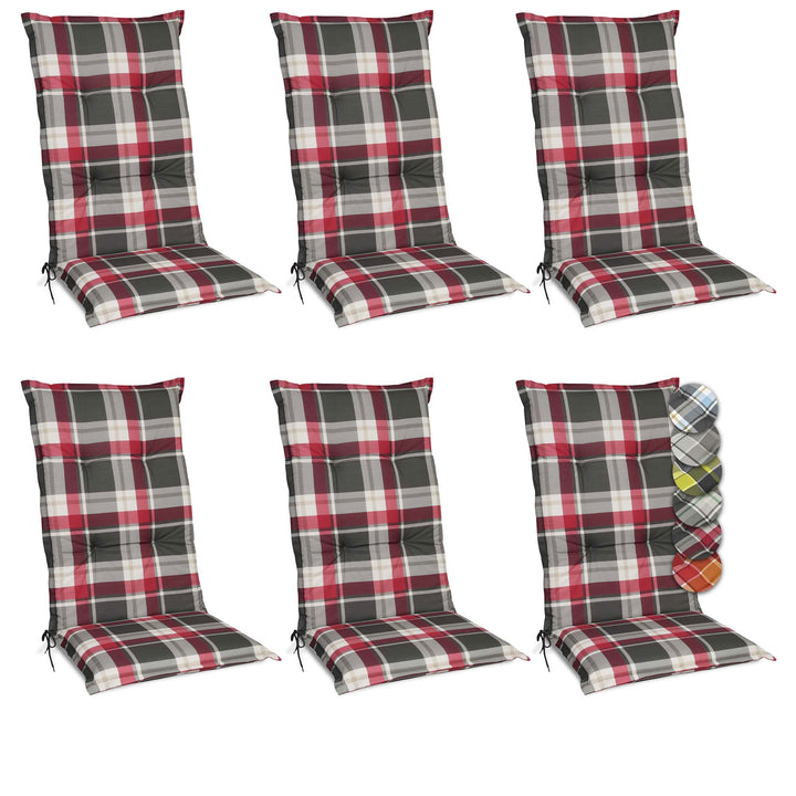Beautissu 6er Set Hochlehner Auflagen Set Gartenstühle 120x50 cm Polster Rot Kariert – 6cm Dicke Pol