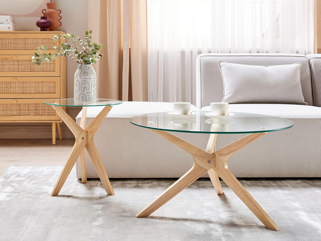 Couchtisch 2er Set Glas trasparent mit Holzbeinen hellbraun rund modern Valley
