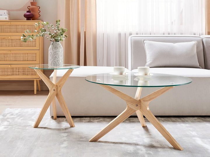 Couchtisch 2er Set Glas trasparent mit Holzbeinen hellbraun rund modern Valley