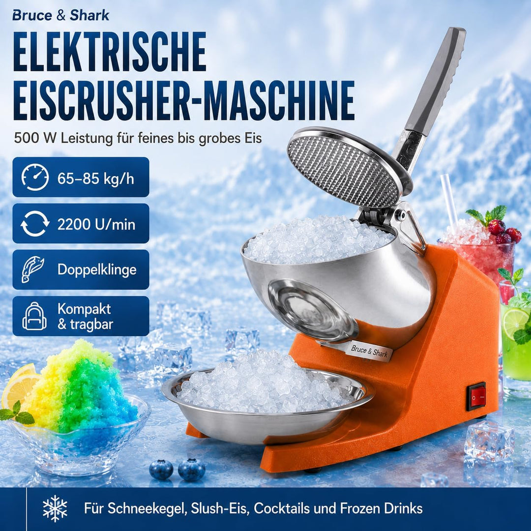 Eiscrusher Ice Crusher Elektrisch 500W, 65-85 kg/h Crushed Ice Maschine für Slushies Cocktails | Cru