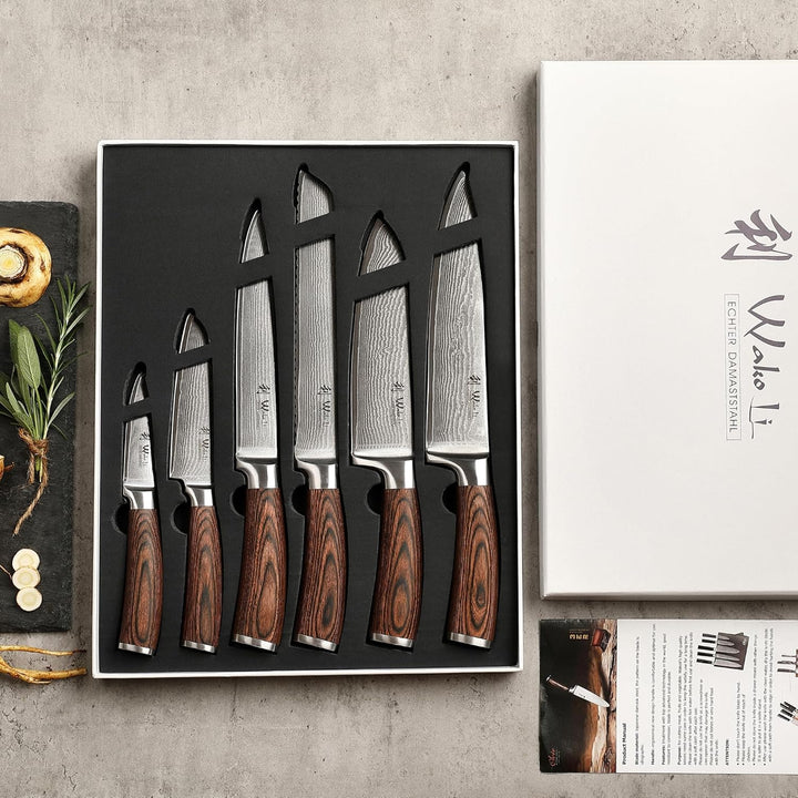 Wakoli Edib 6er Damastmesser-Set, scharfe 8 bis 20,5 cm Klingen Premium Küchenmesserset aus 67 Lagen