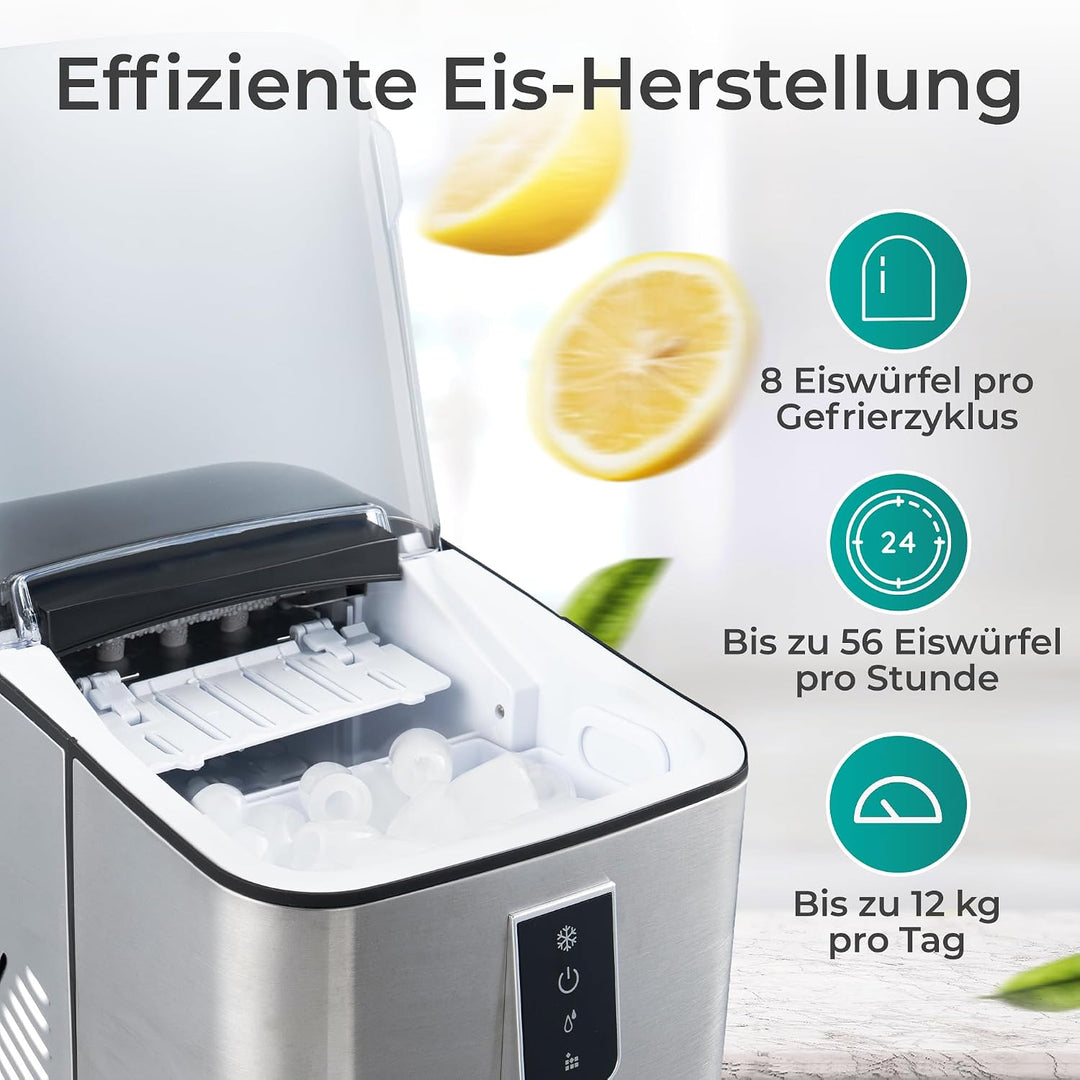 KLAMER Eiswürfelmaschine Edelstahl, 12 kg/24h, 8 Würfel in 8 Min, 1L | Geräuscharmer Kompressor, Tra