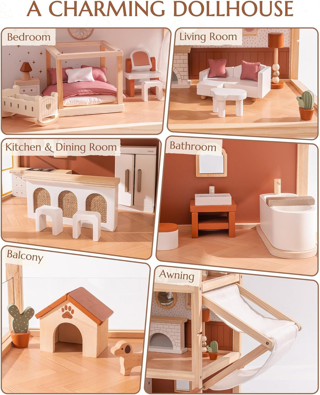 ROBUD Puppenhaus Holz, 3-Stöckiges Böhmischen Stil Puppenhaus mit 37 Zubehör & Möbel, Kinder Spielze