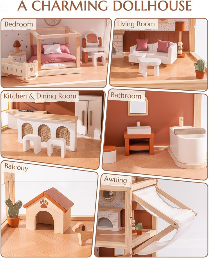 ROBUD Puppenhaus Holz, 3-Stöckiges Böhmischen Stil Puppenhaus mit 37 Zubehör & Möbel, Kinder Spielze