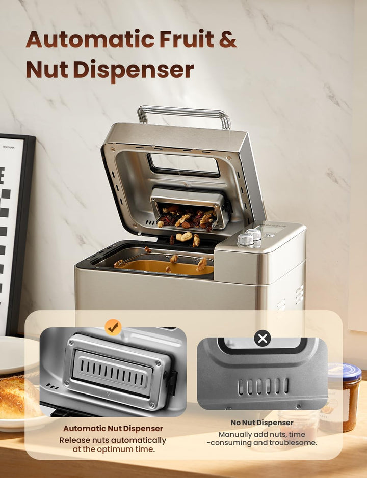 Neretva Brotbackautomat, 17 Programme&1KG Kapazität Brotbackautomaten mit Auto Nuss&Fruchtspender, A