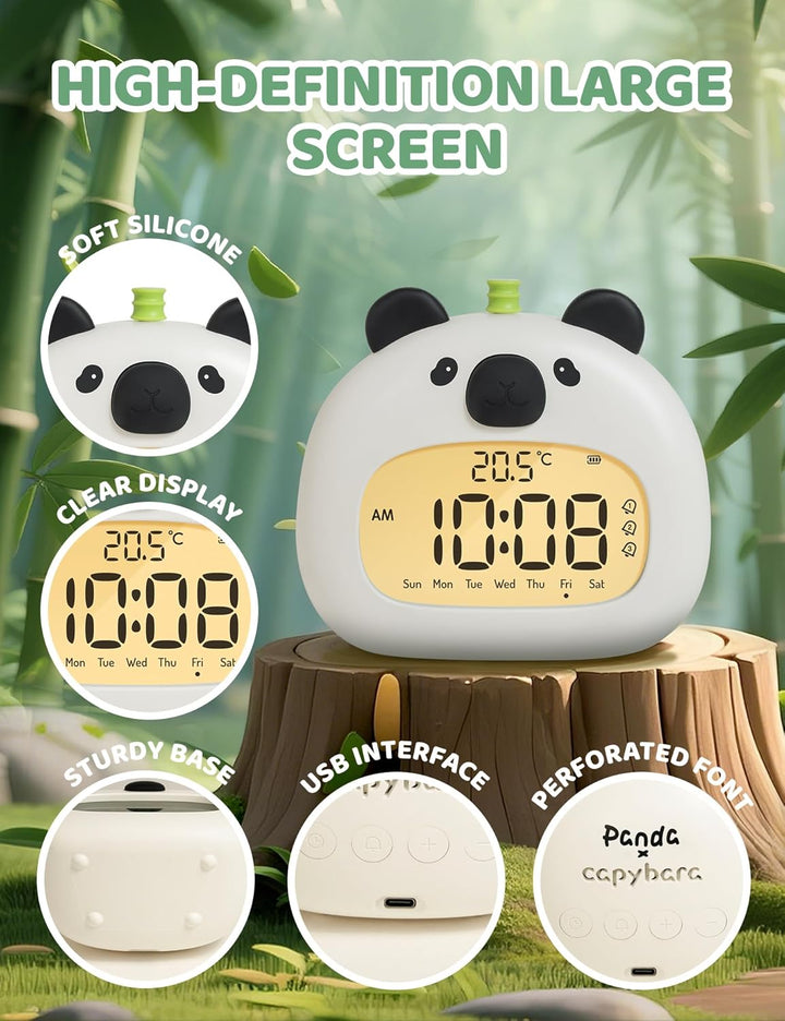 IHALO Cute Kinderwecker, Nachttischwecker mit Panda Nachtlicht, digitales LED-Display, 3,15 Zoll, DR