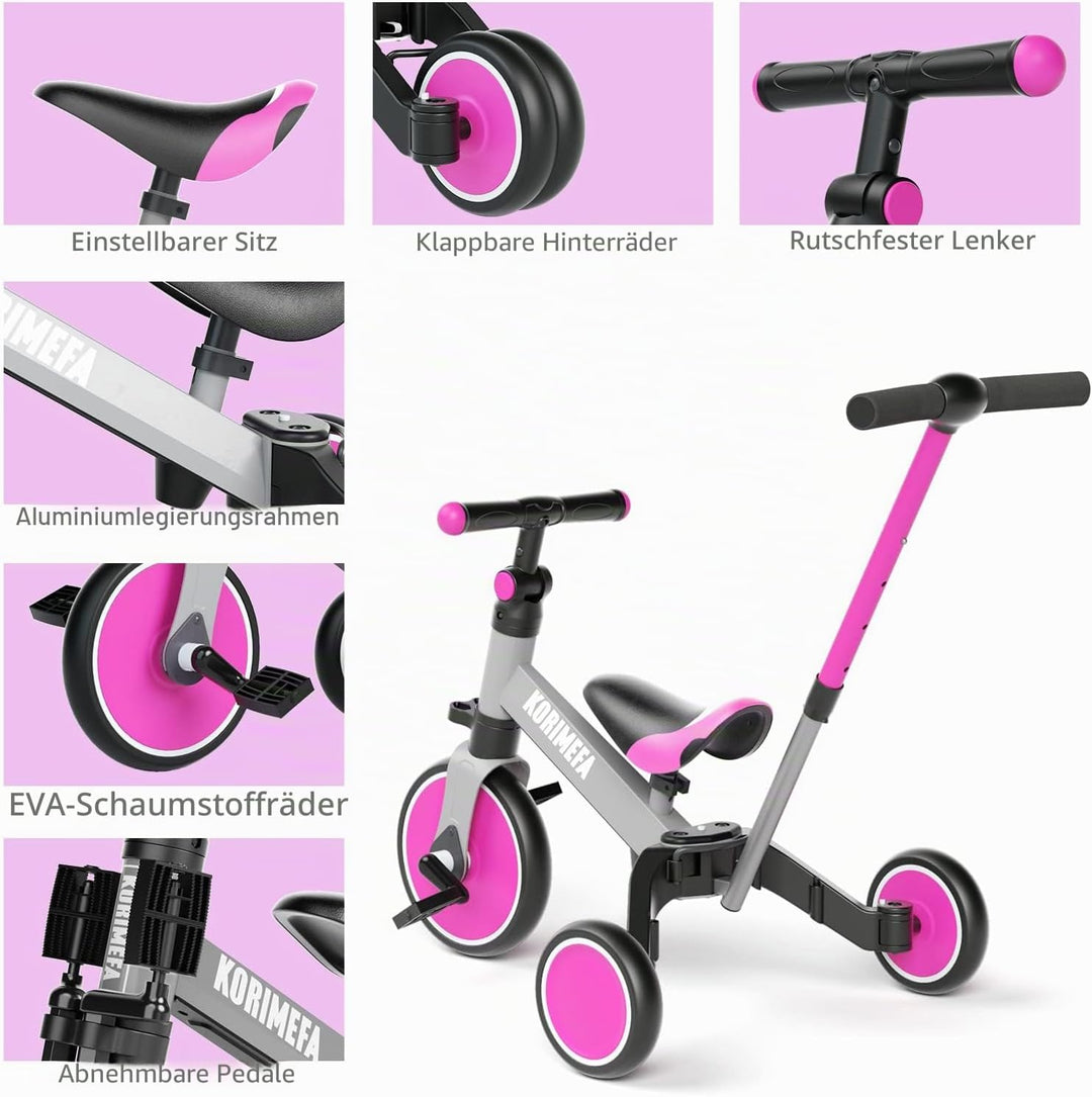 KORIMEFA 4 in 1 Laufräder Laufrad Kinderdreirad Dreirad Lauffahrrad Lauflernhilfe mit Schubstange fü