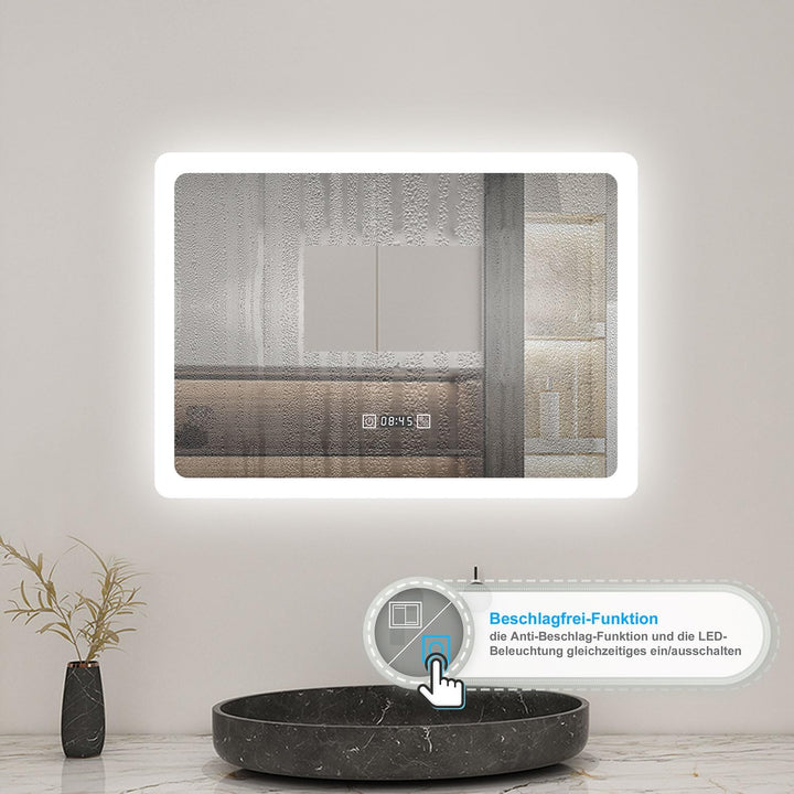 Biubiubath 80x60cm LED Badspiegel mit Uhr,Touch-Schalter,Badspiegel mit Beleuchtung,Beschlagfrei,Bad