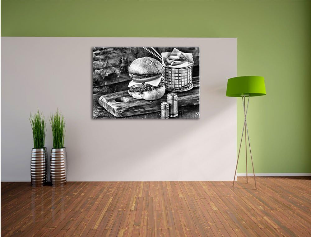 Pixxprint Cheesburger mit Pommes/Format: 100x70cm / Leinwandbild fertig bespannt Wandbild Kunstdruck