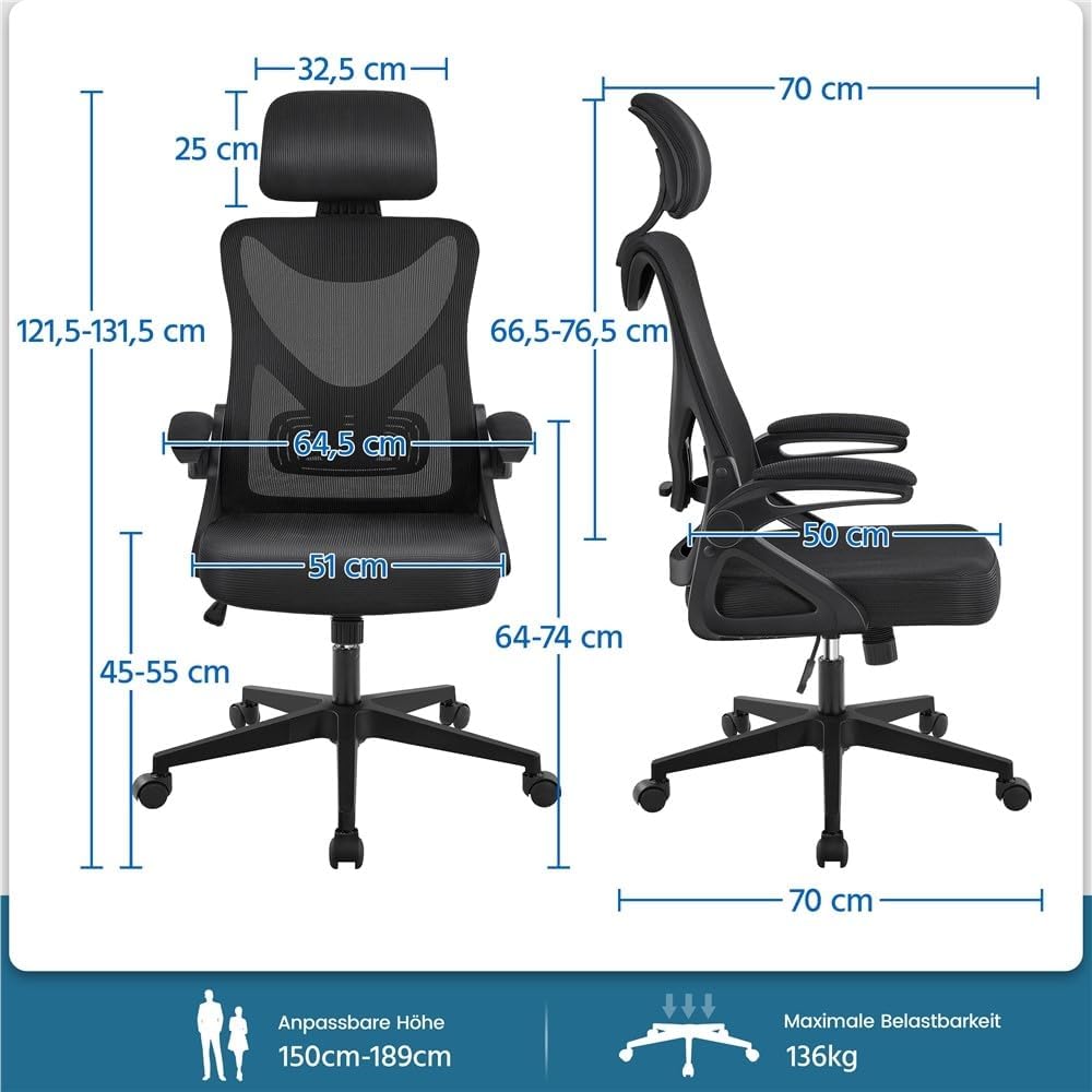 Yaheetech Bürostuhl Ergonomisch, Schreibtischstuhl mit Hochklappbaren Armlehnen, Drehstuhl mit Rücke