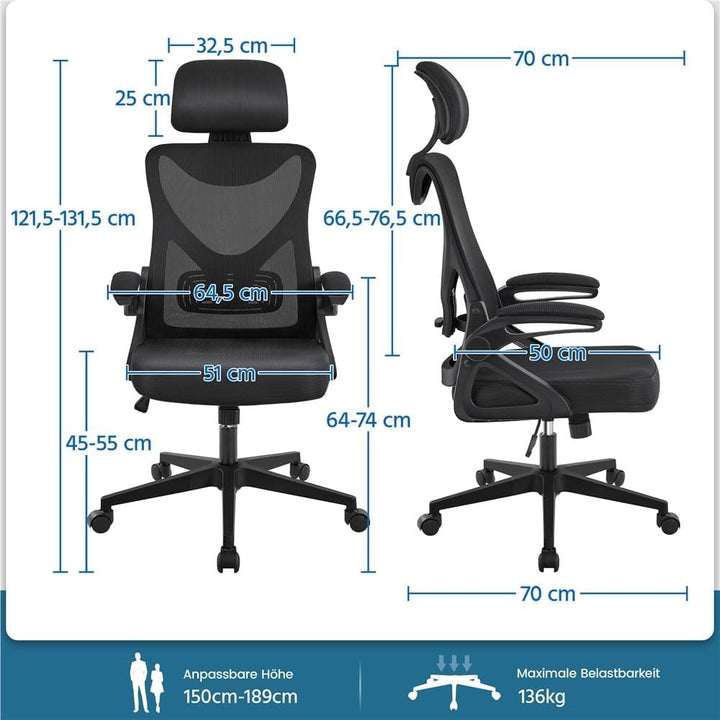 Yaheetech Bürostuhl Ergonomisch, Schreibtischstuhl mit Hochklappbaren Armlehnen, Drehstuhl mit Rücke