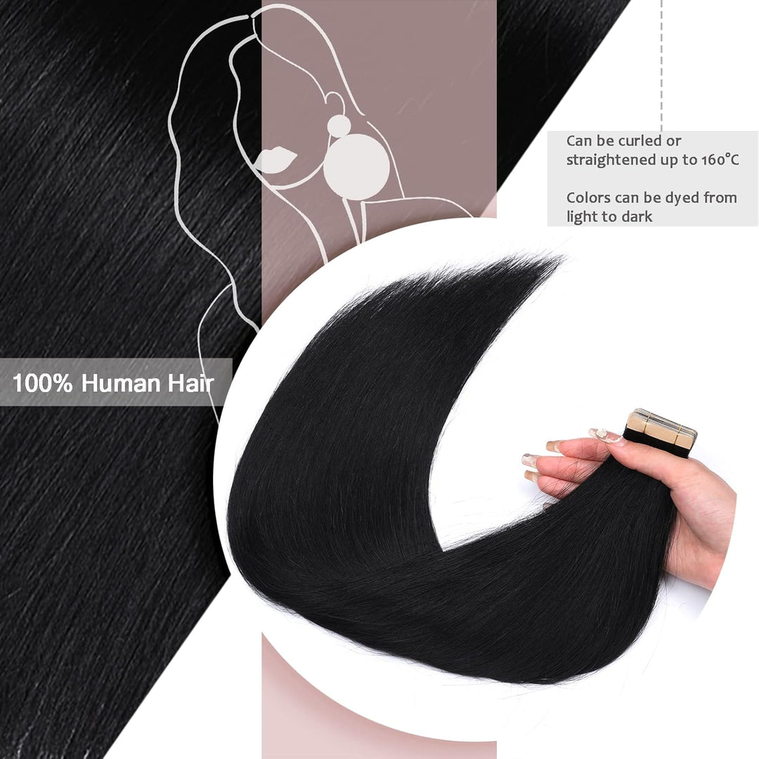 HotLulana Tape Extensions Echthaar Tief Schwarz Extensions Echthaar 20zoll/50cm 50g Skin Weft 100% N