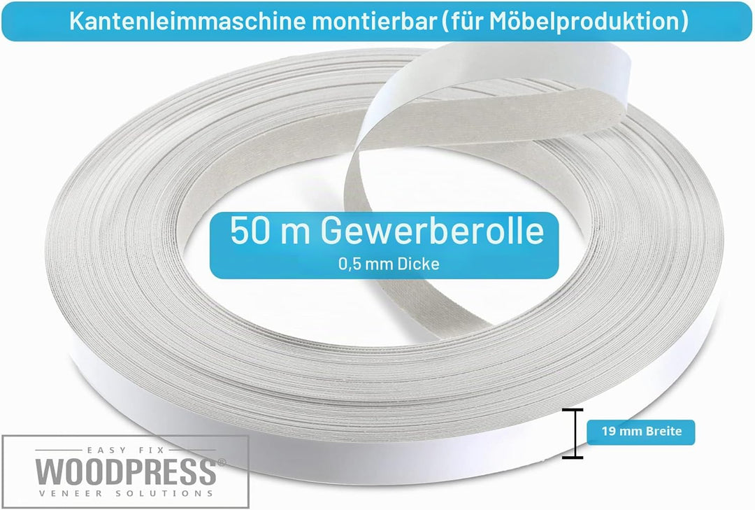WoodPress® 19mm Mattweisse Melamin Kantenumleimer mit Schmelzkleber – 50m Industrielle Rolle – Einfa