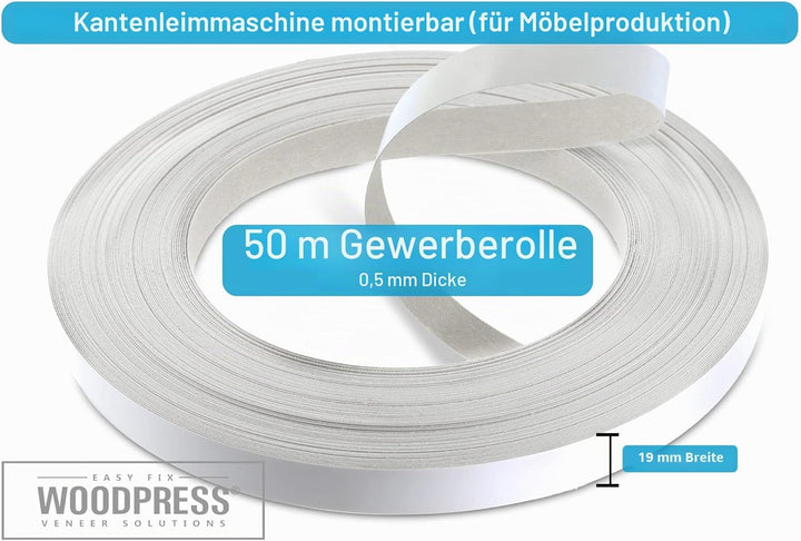 WoodPress® 19mm Mattweisse Melamin Kantenumleimer mit Schmelzkleber – 50m Industrielle Rolle – Einfa