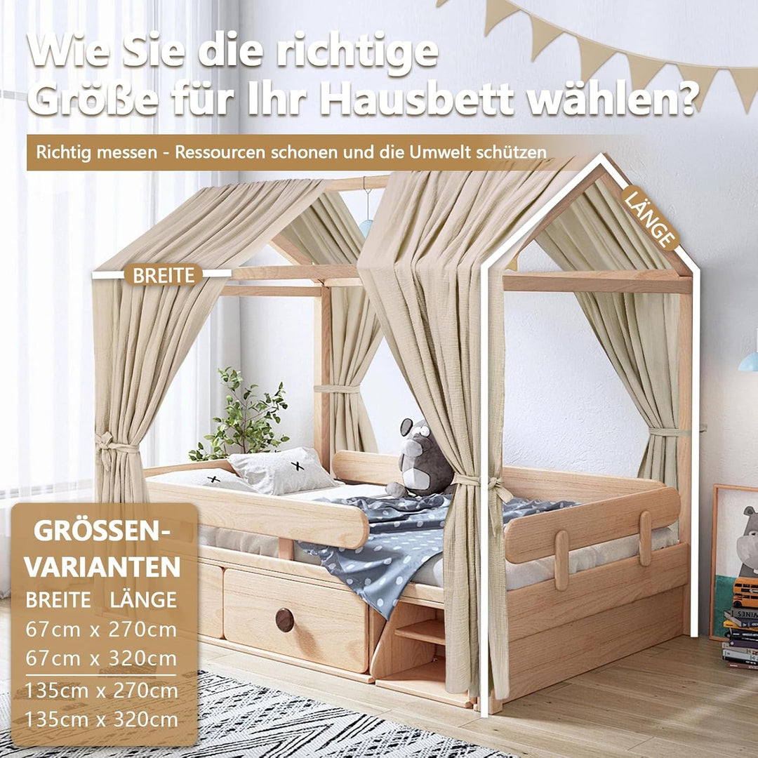 Alishomtll Hausbett Himmel Deko Set, 2 Betthimmel Hausbett aus 100% Baumwolle Musselin, 1 Wimpelkett
