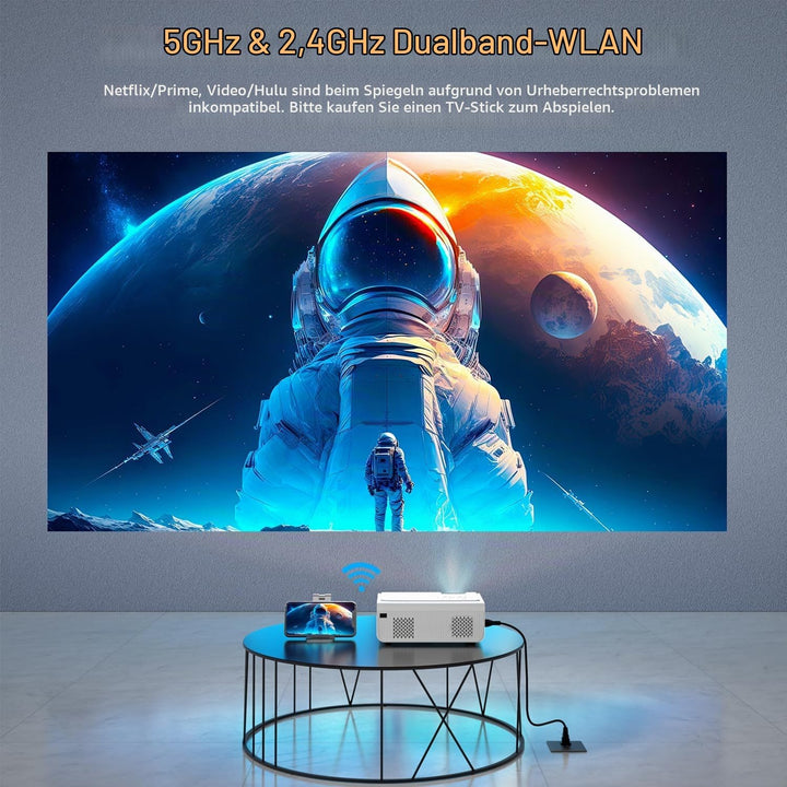 Smart Beamer【Elektrische Keystone 6D/4P】 VOPLLS Elektrische Fokus 24000 Lumen Beamer 4K Unterstützt,